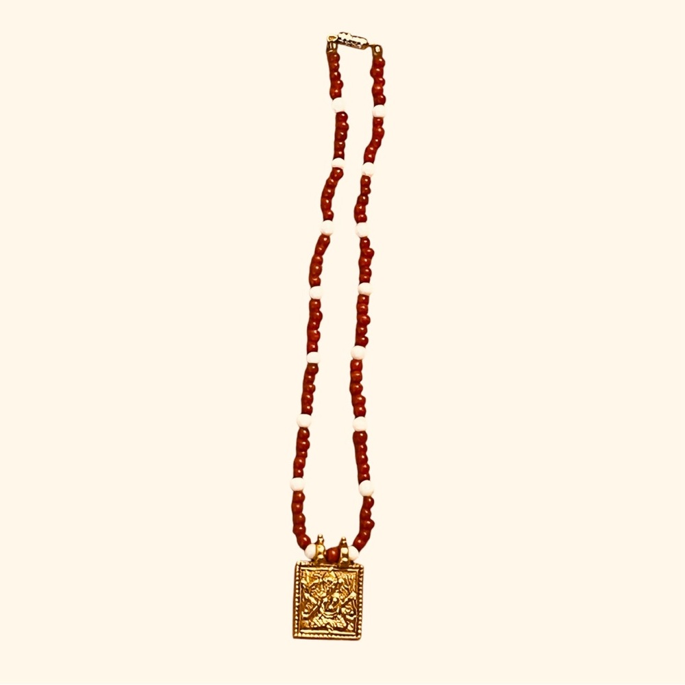 Ganesh Pendant Necklace | Coral Gemstone Beads | Spiritual Artisan Jewelry